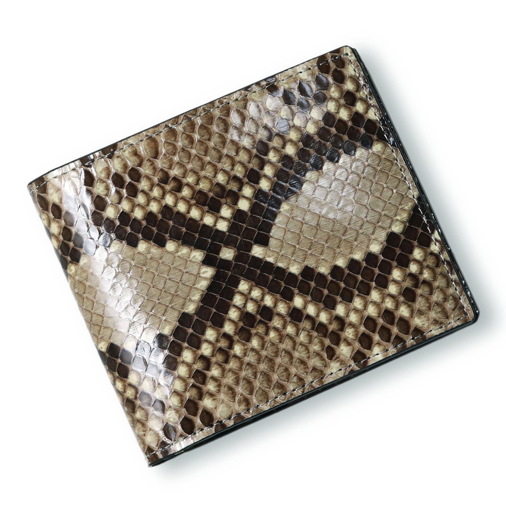 

CLW Шкіряні вироби з крокодила Гаманець-біфолд з діамантового пітона (Відділення для купюр) Блискуча натуральна шкіра пітона, Зроблено в Японії, Зміїна шкіра