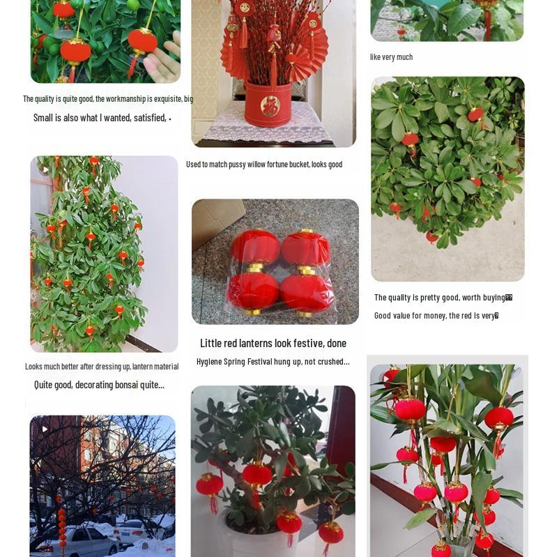 Handmade Red Flocked Lantern Ornaments for Trees: Chinese-Style New Year and Wedding Decorations