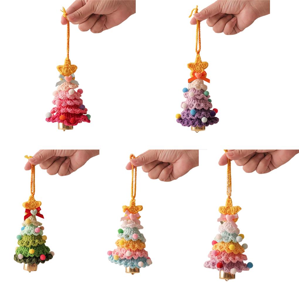Knitted Plush Christmas Tree with Jingle Bell Handmade Crochet Christmas Hanging Pendant Wool Xmas Tree for New Year Party Decor