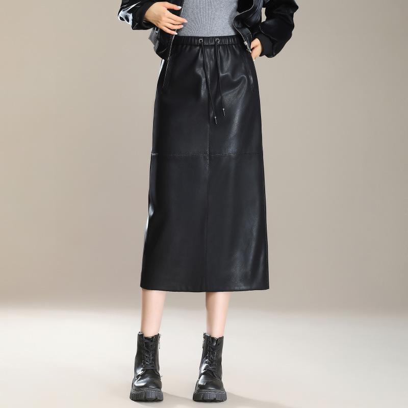 Elegant Slimming Mid-Length Lambskin Skirt with Slit for Women - Fashionable High-End Casual Style