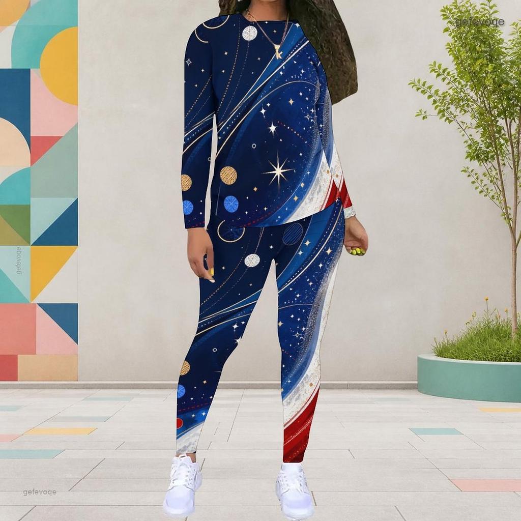 Women Plus Size Round Neck Long Sleeve Printed Top And Fitted Pants Two Piece Set