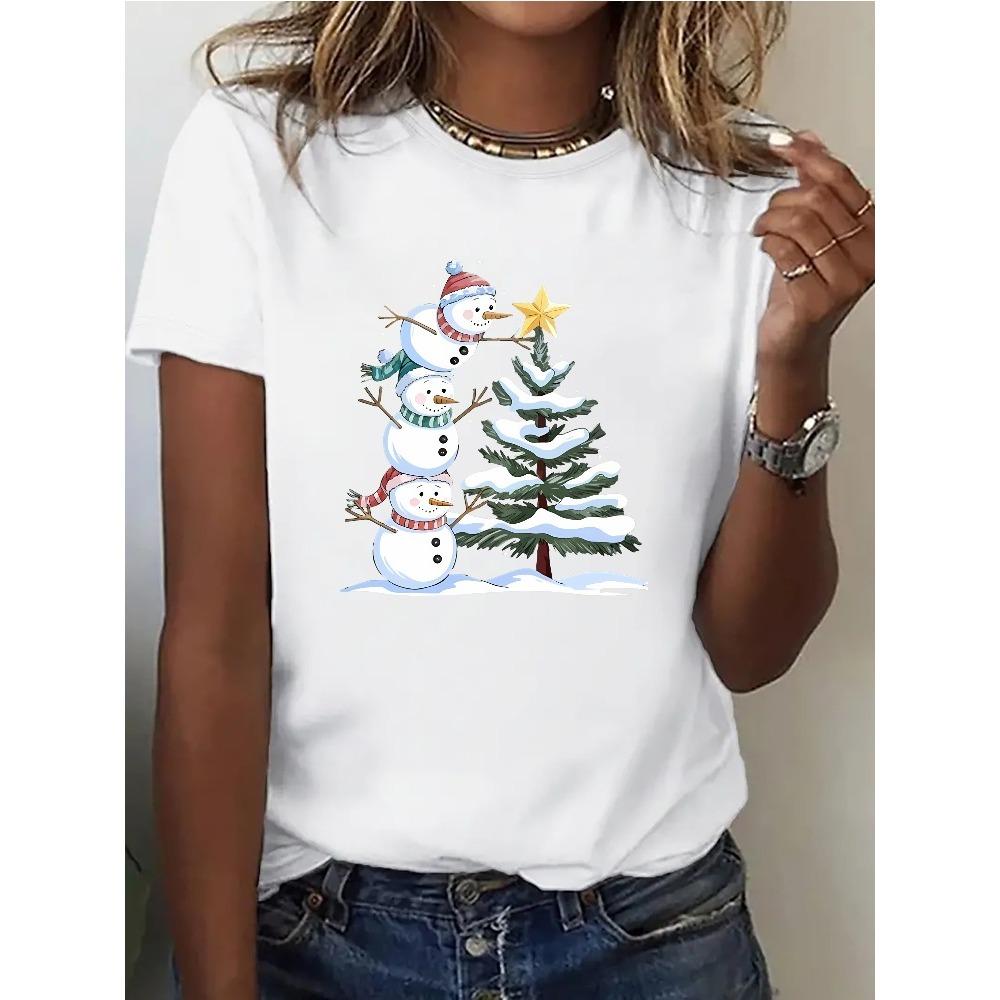 2026 Christmas-themed Snowman Pattern Printed T-shirt Harajuku Loose-fit Round Neck Short-sleeve Oversized T-shirt Women's Top