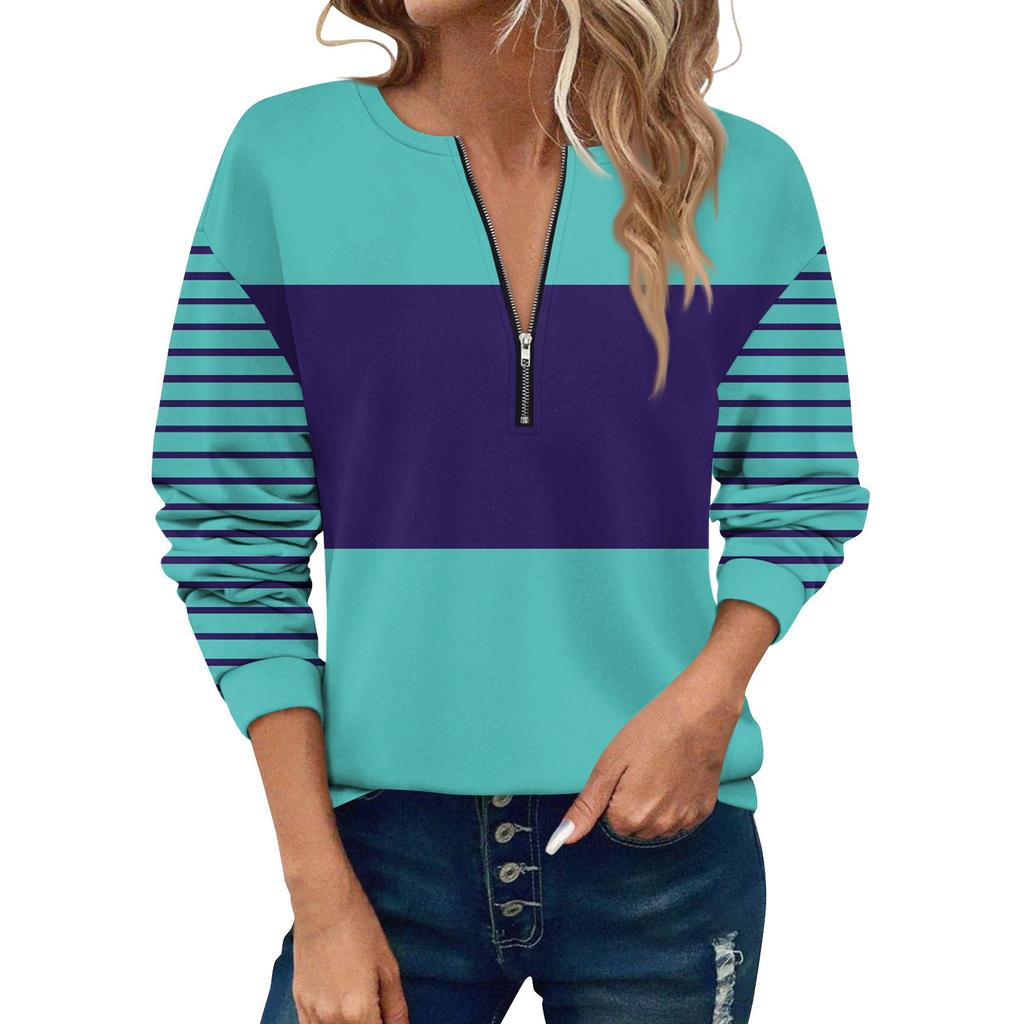 Damen Casual Langarm Basic Viertel Reißverschluss Color Blocking Pullover Sweatshirts Casual Top Herbstkleidung