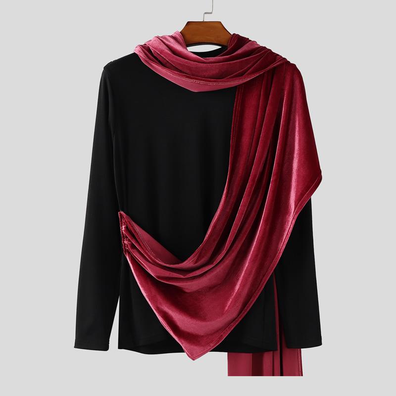 

INCERUN Осень Мужские Рубашки с Длинным Рукавом, С Рюшами, Необычного Кроя, Вельветовые Лоскутные, Повседневные Топы, Футболки XL вино красного