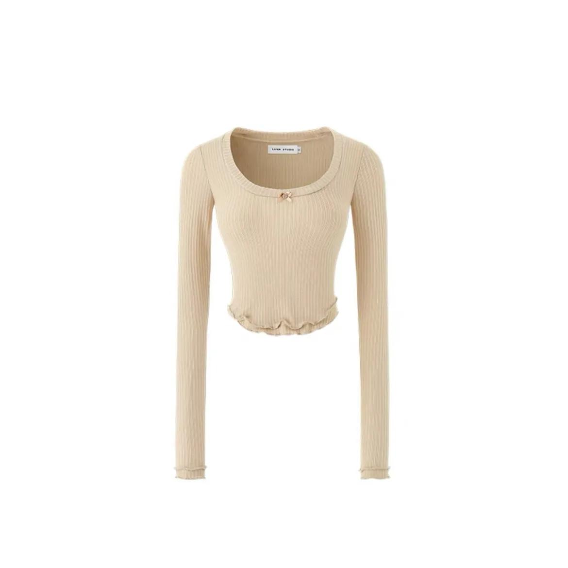 

Women s Beige Ribbed Long Sleeve Scallop Hem Crop Top Slim Fit Casual Blouse S бежевий