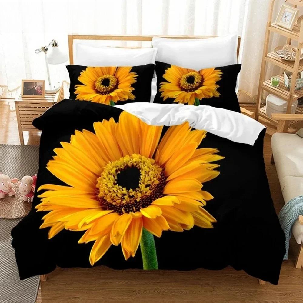 Orange Sunflower Printed Bedding Set For Lover Couples Gift Flower Pattern Duvet Cover Quilt Home Use Bedlines Double Bed Quilt
