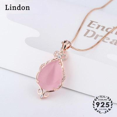 Lindon Trendy Jewellery Necklace with Water Drop Shape Pink Rose Quartz Zircon Gemstones Pendant for Women Gifts