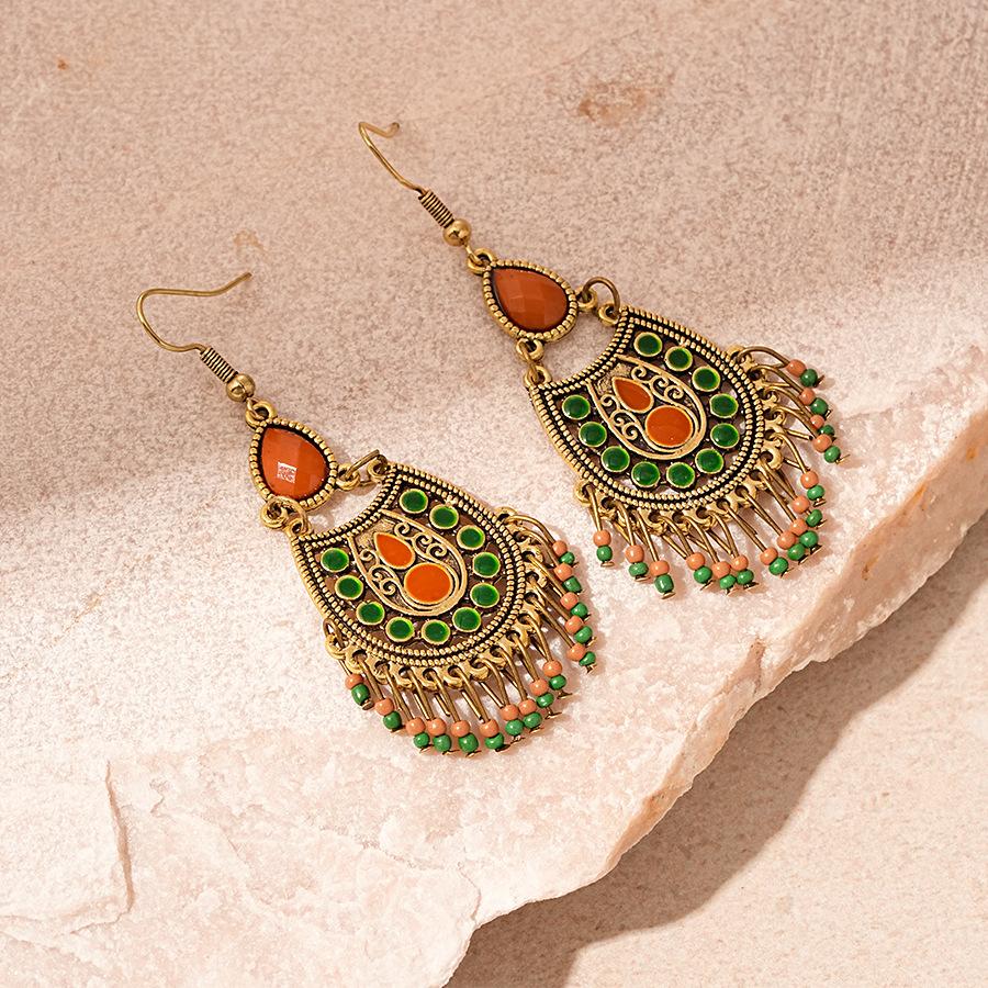 Oleoresin Water Drop Rice Beads Tassel Ear Hook Earrings Ethnic Style