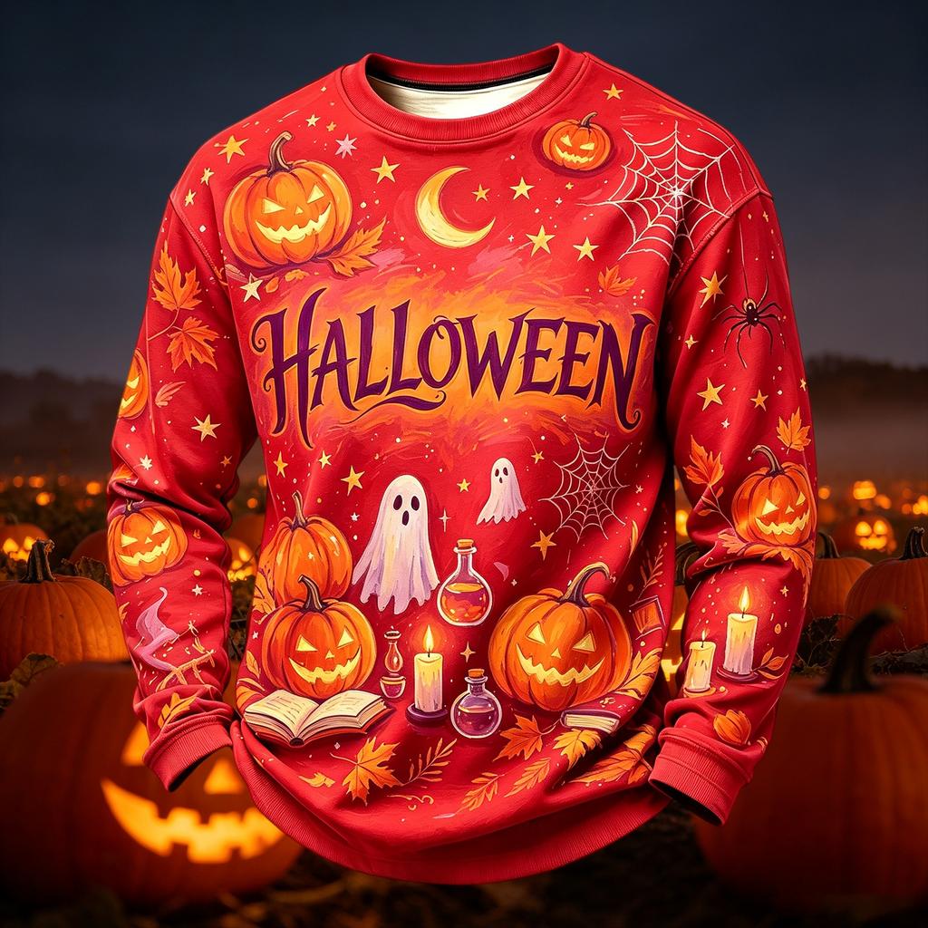 Herren lässiges Strick-Langarm-Rundhals-T-Shirt mit Halloween-Print