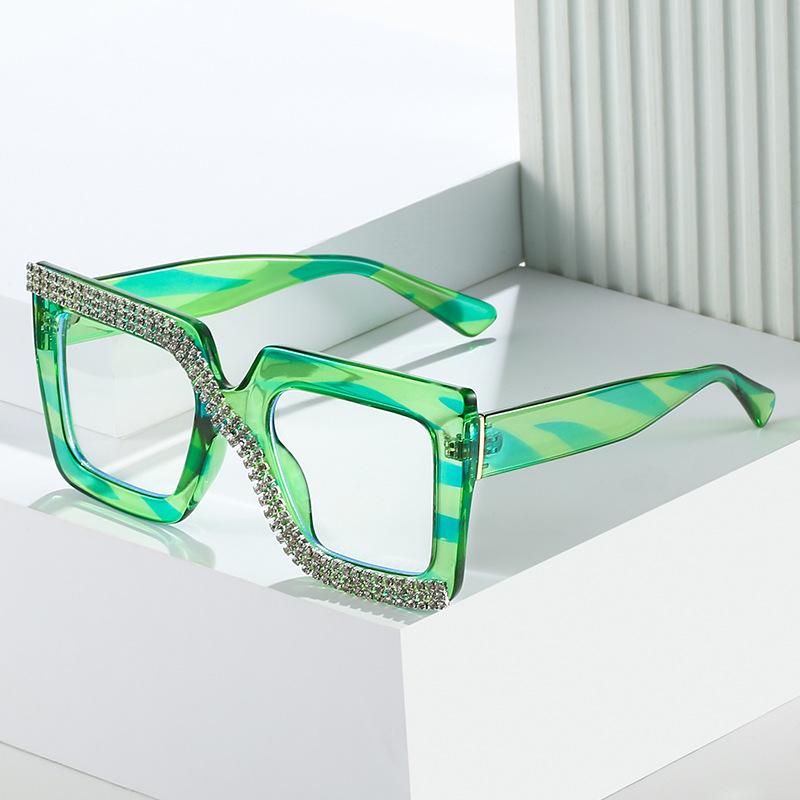 Diamond-Encrusted Glasses Frame, Personalized Punch, Colorful Square Frame Glasses, Hip-Hop Flat Glasses.