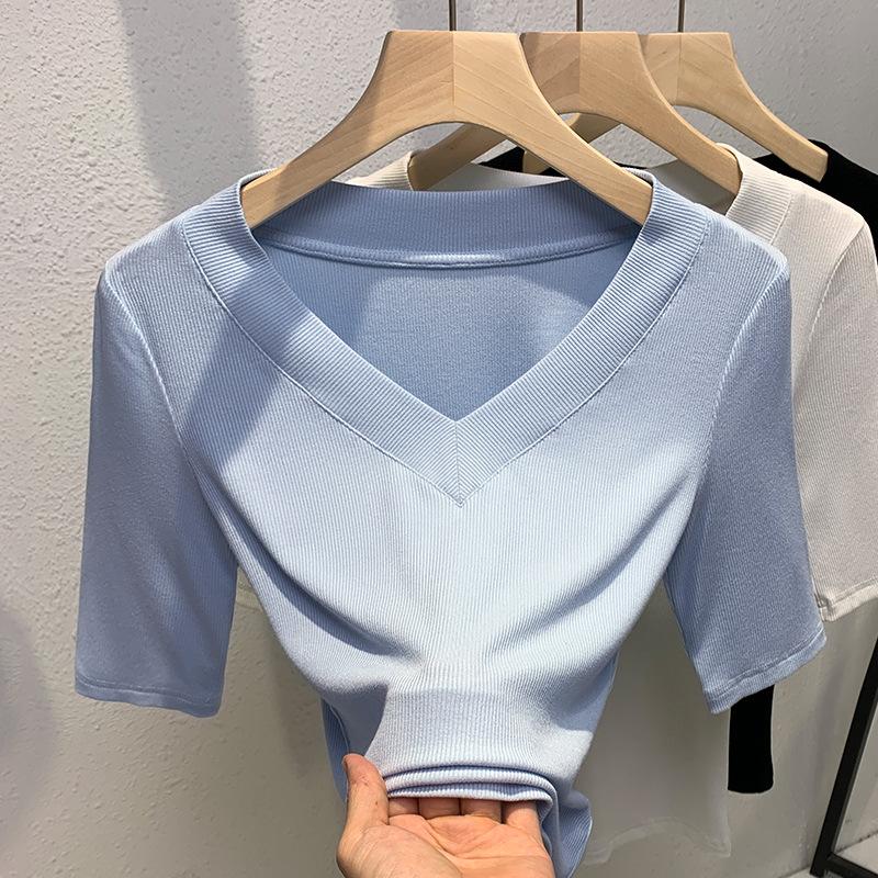 Black Mid-sleeved T-shirt for Women New Women's Clothing Style Deep V Half-sleeved T-shirt Waist-closed Thread Top