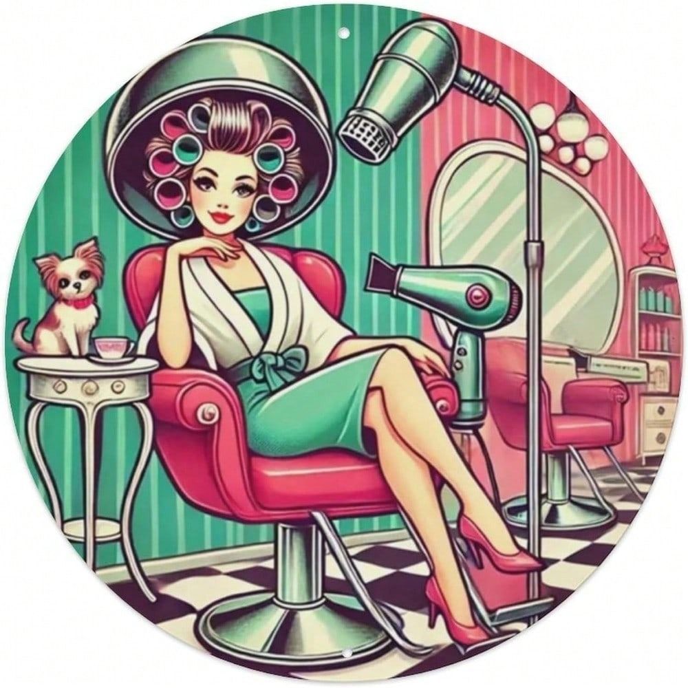 Vintage Hairstylist Round Metal Tin Sign 8x8 Inch Retro Cafe Bar Wall Decor
