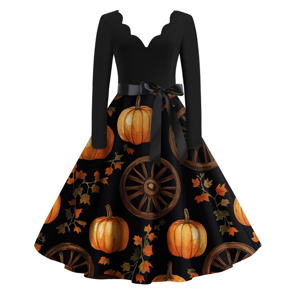 Kvinners uformelle mote Halloween trykt V-hals vintage kjole