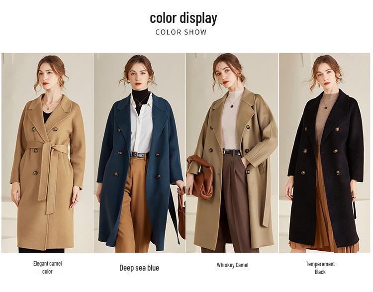 Women's Extra Long Double-Breasted Wool Coat with Tie Waist - Autumn/Winter Collection