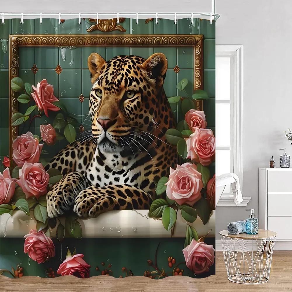 Wild Animals Shower Curtain Tiger Forest Elegant Panther Green Palnts Rose Floral Home Decor for Bathroom Polyester Bath Curtain