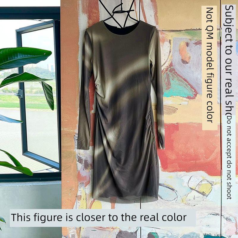 

Foreign Trade Original Order Lim * E Retro Stretch Slim fit Slimming Temperament Waist Hugging Gradient Print Mesh Long sleeve dress The real color shall prevail S