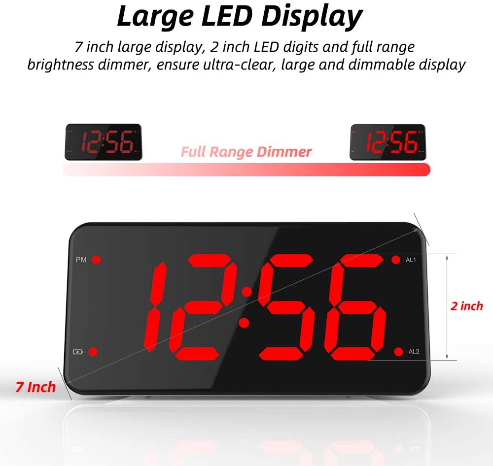 LED Loud Alarm Clock with Bed Shaker for Heavy Sleepers, Deaf and Hard of Hearing,2 USB Charger Ports, 7-Inch Display,