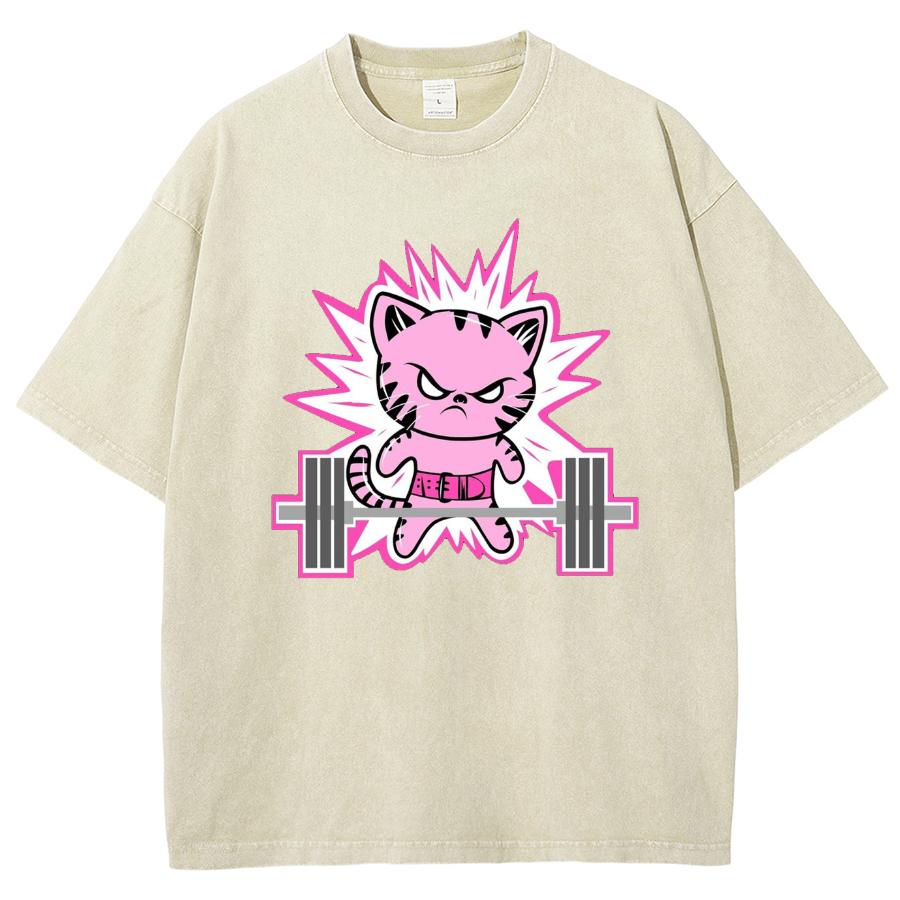 Sweet Cute Style Pink Cartoon Tiger Print Women's T-Shirt Washed Oversized Short Sleeve Casual Beautiful Statement Top