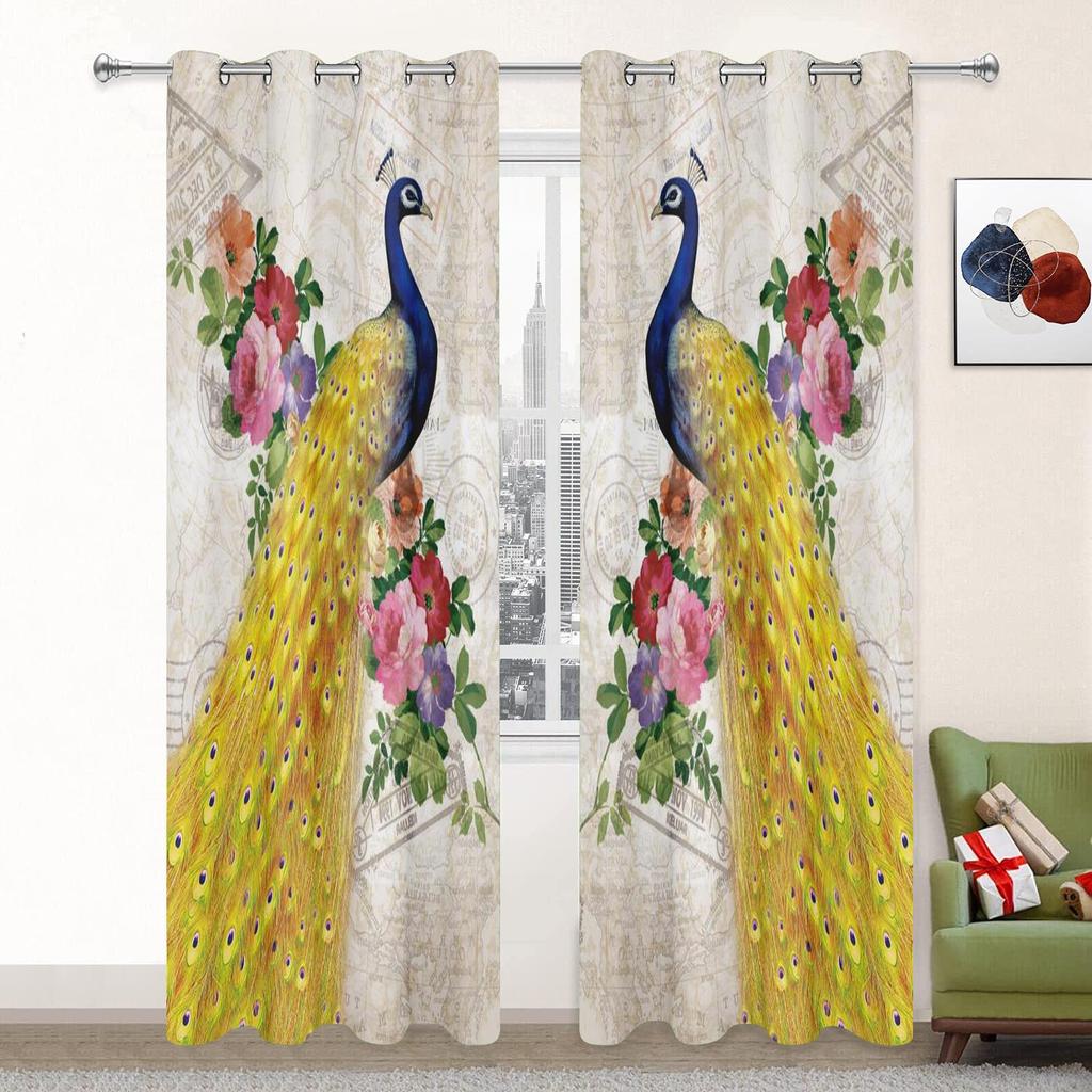 3D Animal Peacock Aesthetic Pattern Sunshade Curtain 2 Pieces of Living Room Bedroom Home Decoration Bed Empty Hook