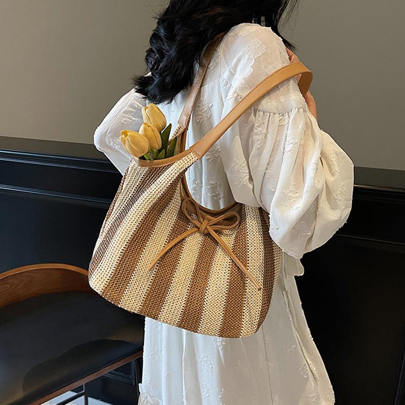 Women Straw Tote Handbag with Bow Weaving Travel Handbag Large Capacity Simple Shoulder Bag Female Woven Bag