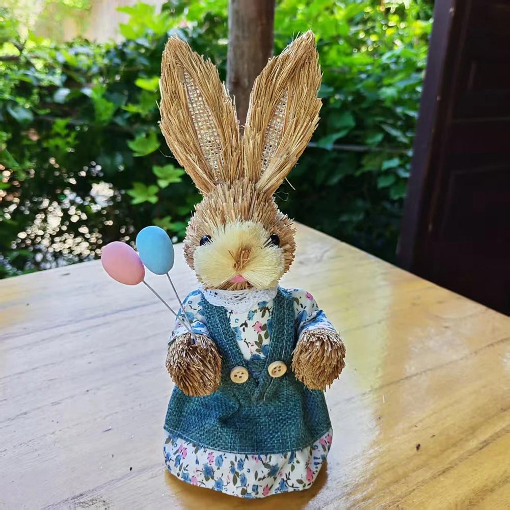 23cm Yard Party Home Easter Decor Woven Straw Bunny Rabbit Sculpture Statuette Easter Ornament