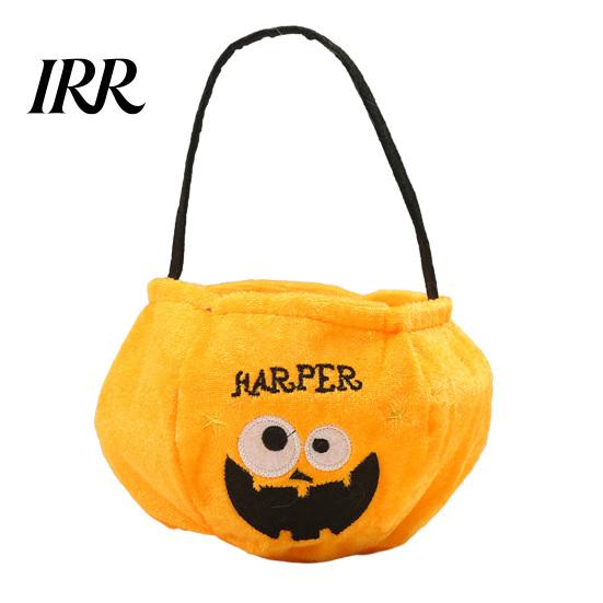 Large Capacity Candy Holder Halloween Trick or Treat Bucket, 9.8x5.9 Inch Pumpkin Witch Black Cat Plush Children's Tote Bag, Soft Basket with