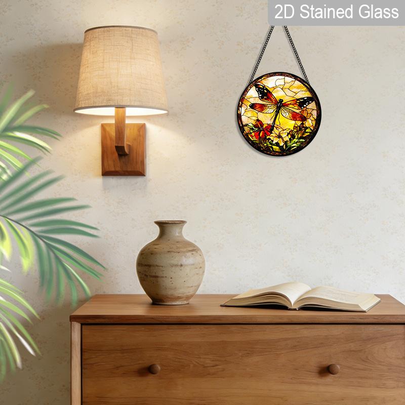 2D Flat Stained Glass Dragonfly Window Decoration, 7.87inches Colored Glass Plate with Chain Window Door Wall Decor, Charming Spring Summer Sun