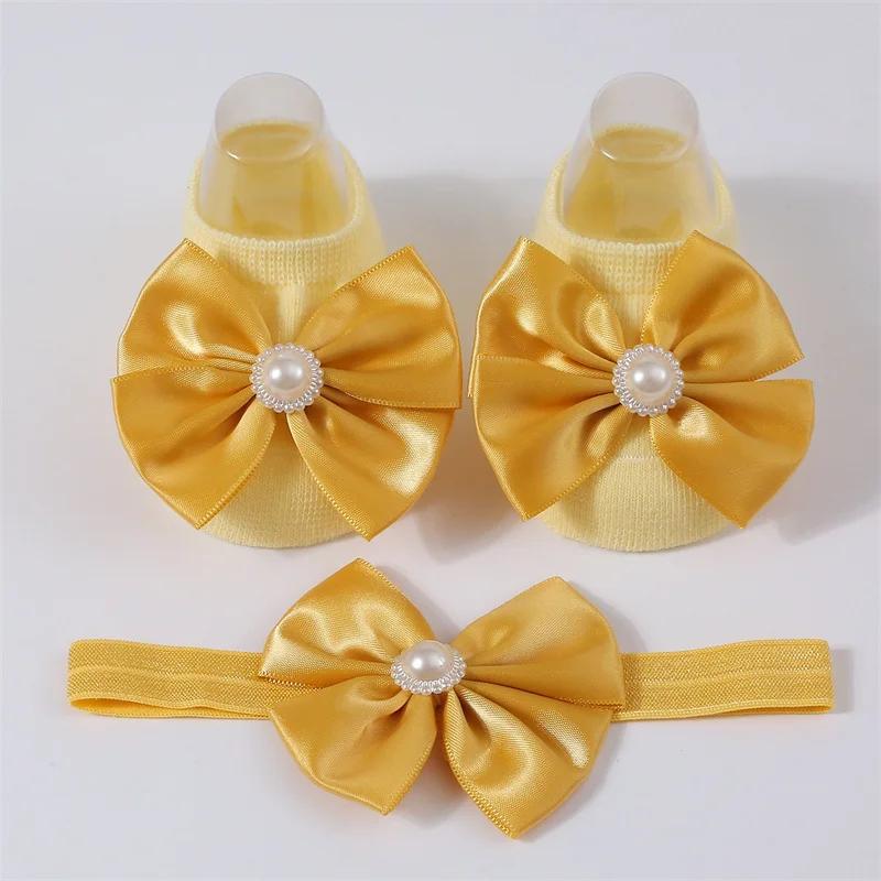 Baby Pearl Bow Solid Color Floor Socks Newborn Infant Knitted Breathable Socks Sweet Cute Girls Princess Children Birthday Gifts