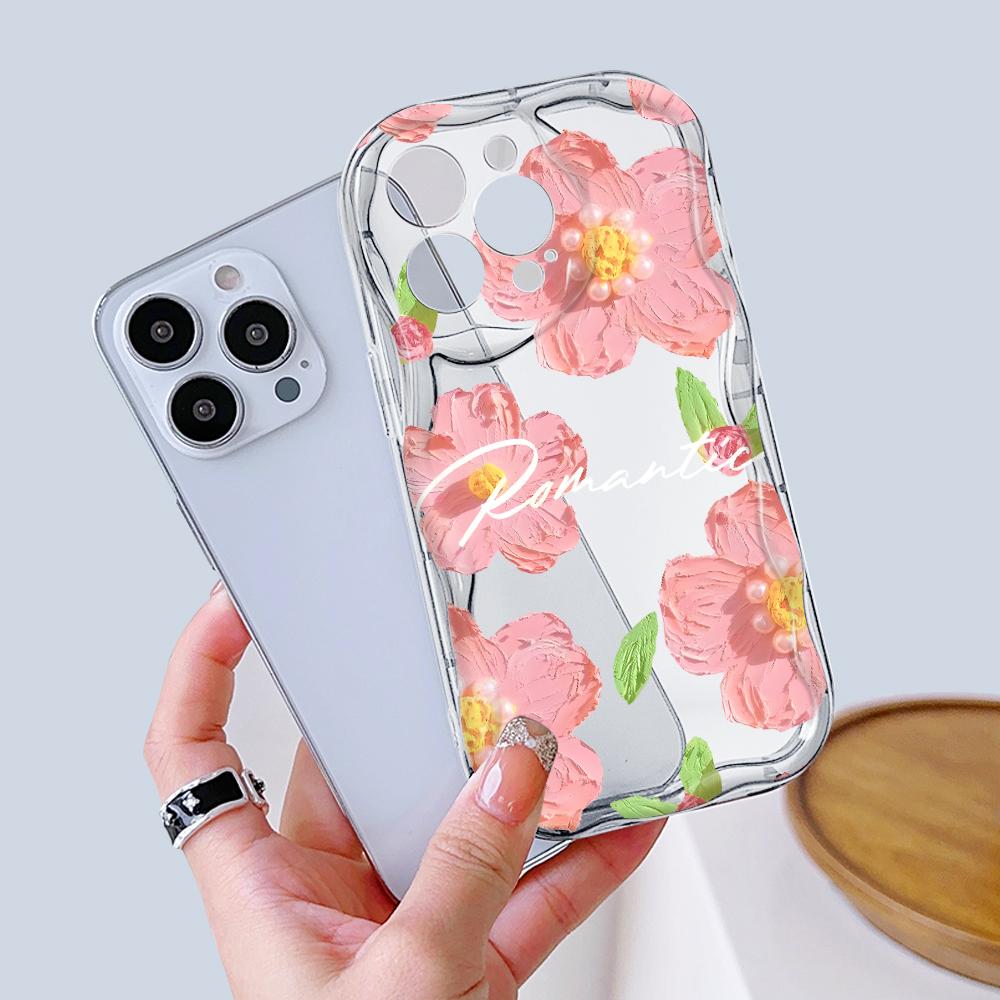 For iPhone 16 15 14 13 12 Samsung S24 S23 S22 A06 A13 A14 A15 A16 A55 Redmi Note 13 12 Pink Flowers Pattern Soft Silicone Wave Edge Phone Case