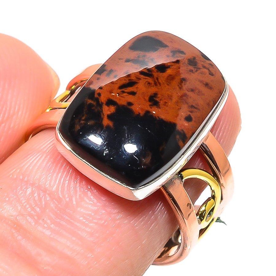 Natural Mahogany Obsidian Two Tone 925 Solid Sterling Silver Gift Ring S.8 b2g02