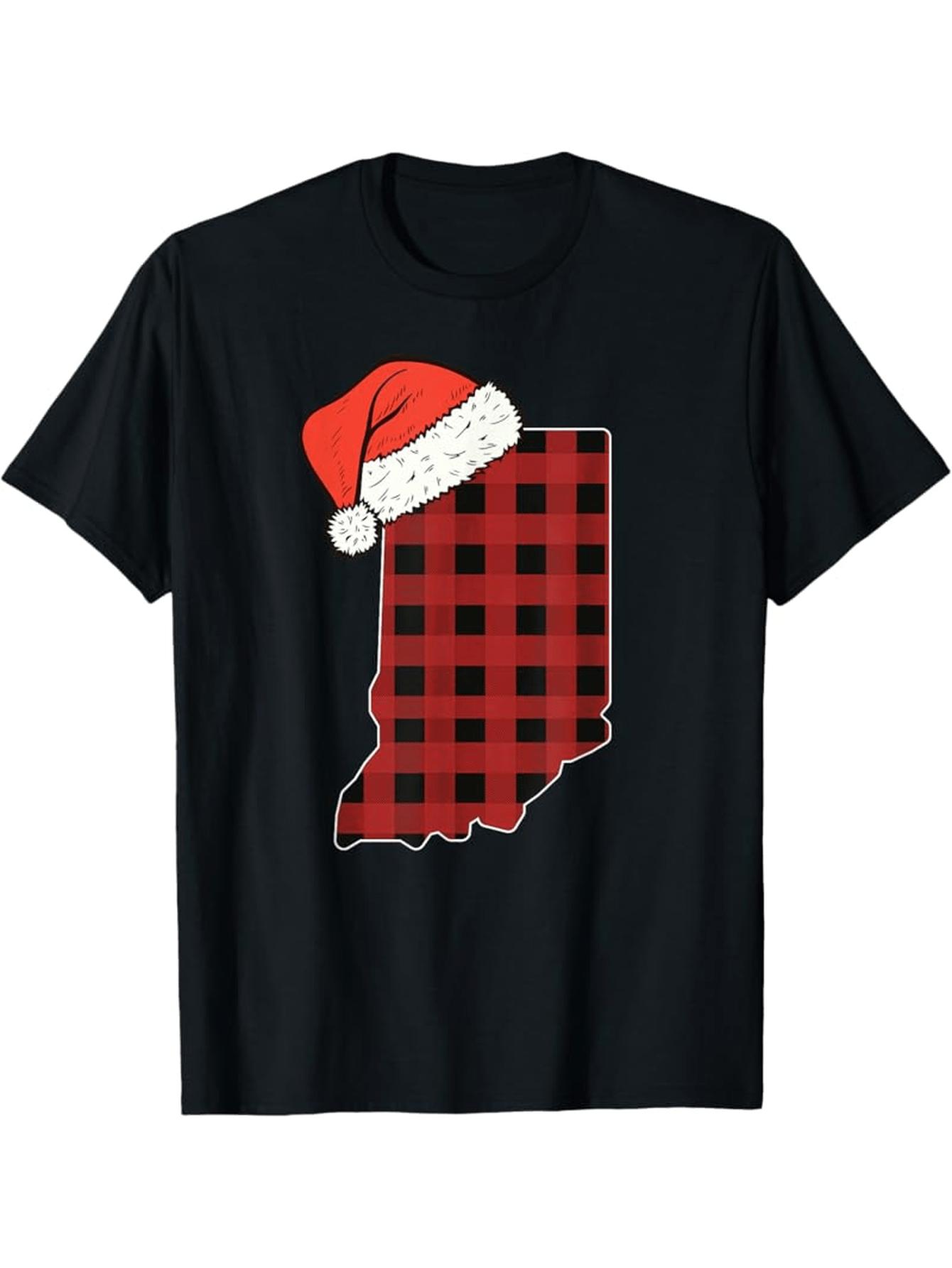 TShirt Featuring A Holiday Design with A Plaid Santa Hat From Indiana Christmas T Shirt Christmas T Shirts Unisex S