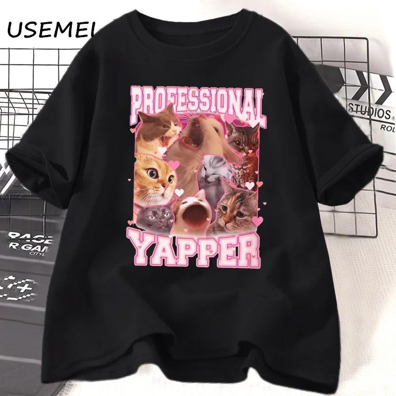 Professional Yapper Meme Cat Graphic T Shirts Funny Cotton Cute Kitten T-shirt Summer Cotton Round Neck T Shirt Female Clothing