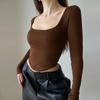 Fashion Square Collar Sexy Knitted T Shirt Women Tees Slim Fit Long Sleeve T-shirt For Women Casual Autumn Solid Crop Tops 30606