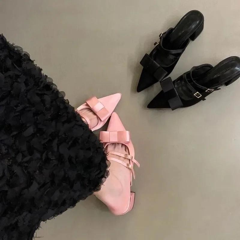 Fashion Women New Summer Pointed Toe Shallow Mouth Mary Jane Cool Drag Block Heel French Bow Wrapped Half Slippers