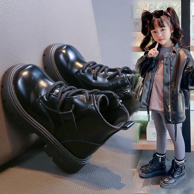 Girls' Handsome Leather Boots Fashionable and Comfortable Leather Shoes Fashionable and Versatile Short Boots Plush Cotton Boots