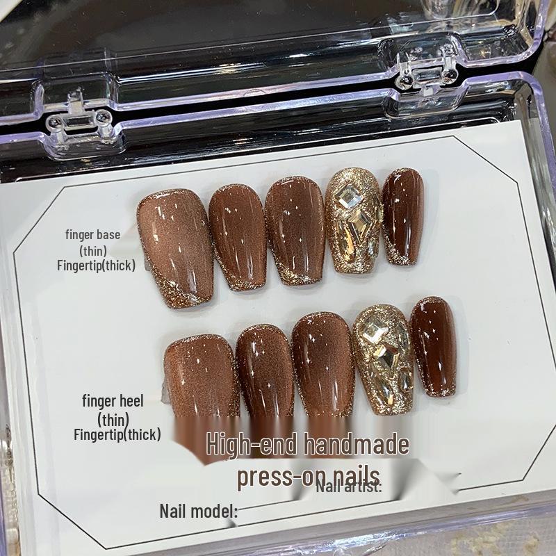 

Handmade Caramel Cat Eye Gel Polish Nails - Removable, High-End, Whitening Effect for Autumn/Winter