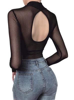 Sheer Long Slimming Soft Tulle Inner Thin Top [Yuyi] Women's Bodysuit, Sleeve, Sexy, See-through, Sheer, Black, Effect, (M)