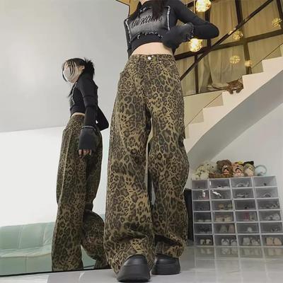 Damen-Jeans mit weitem Bein und amerikanischem Retro-Leopardenmuster – Stilvolle High Street-Freizeithose mit lockerer Passform für Frühling und Herbst