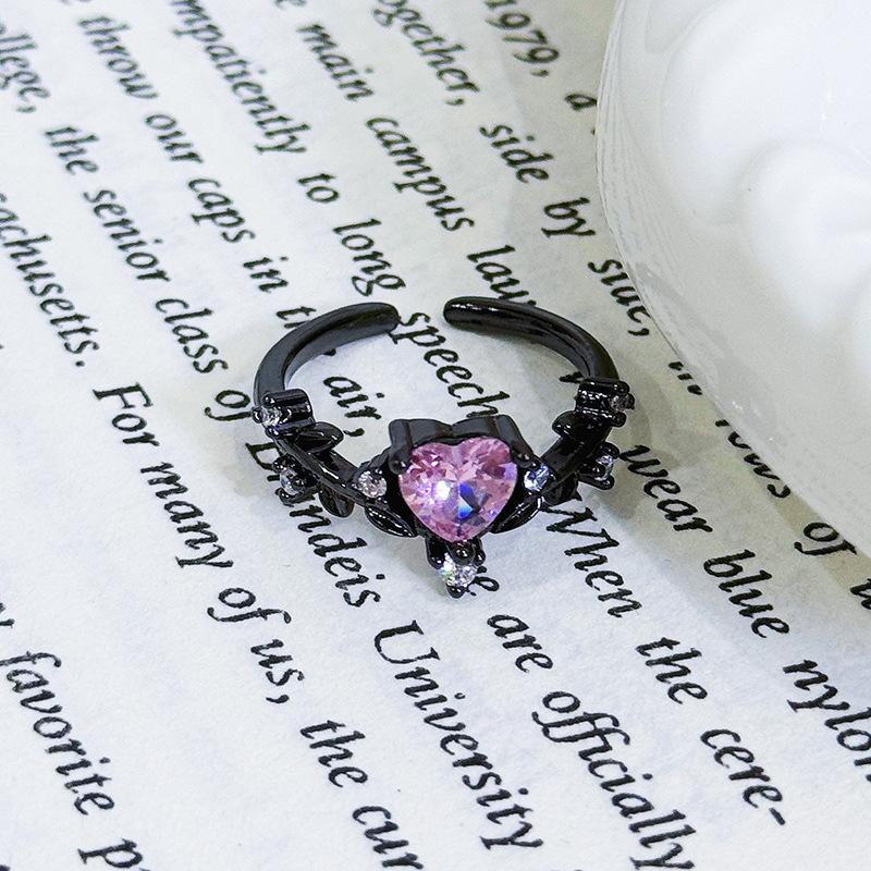 Dark Sweet Cool Pink Zircon Love Open Ring Punk Stacked Wear Personality Niche High Sense Girlfriend Ring Girl
