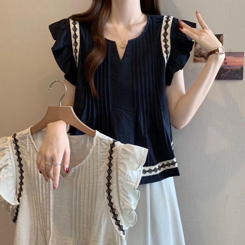 French Ruffled Small Flying Sleeves Navy Blue V-neck Shirt Women's Summer Large Size Doll Shirt Ethnic Style Top