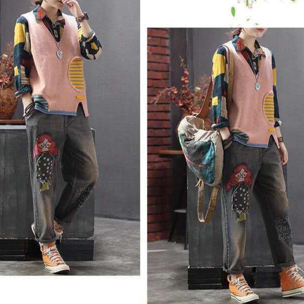 Autumn Winter Women's Loose Knitted Vest Sleeveless Vest Literary Color-block V-neck Pullover Knit Waistcoat