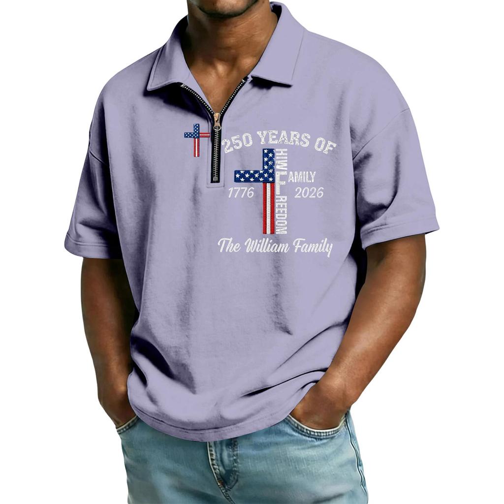 Men’s Short Sleeve Polo Shirt with Zipper Collar and Printed Cross Pattern Casual Soft Comfortable Top for Everyday Wear