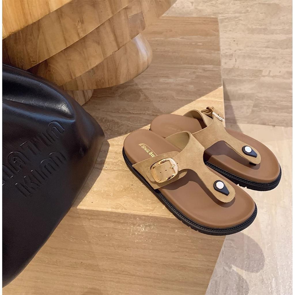 In stock! Grape mother has the same toe and wide surface adjustable square buckle flat bottom thick bottom Birkencool slippers for women's summer wear