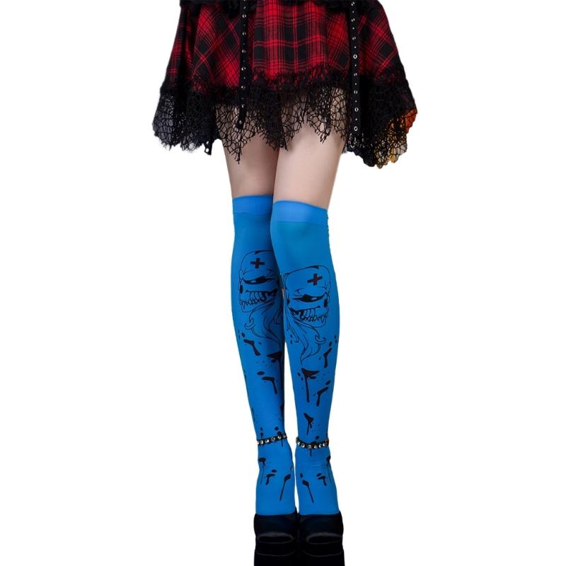Women Thigh High Socks Over the Knee High Stockings Japanese Skeleton Skull Print Long Socks Thin Halloween Stockings