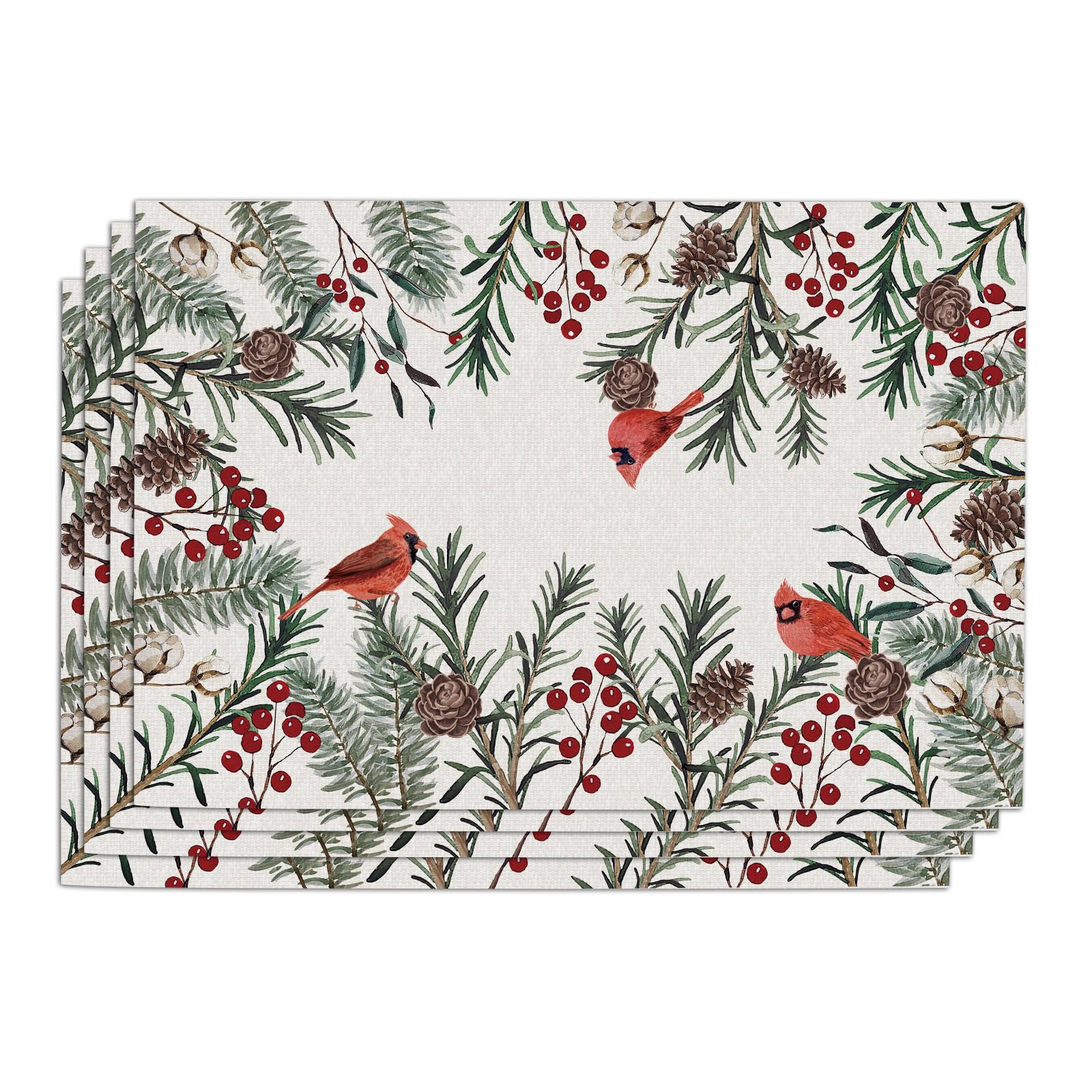 

Winter Birds PVC Placemats Set of 4, Vintage Cardinal Chickadee Red Berry Branches Vinyl Dining Table Place Mats, Retro Christmas Plaid Farmhou 4Pcs