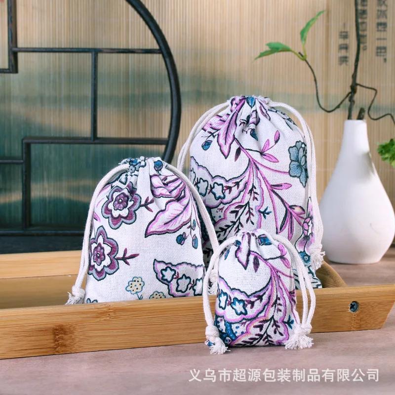 10pcs/lot Linen Drawstring pocket Cute Pattern Printed DIY wedding Candy Storage Bag Travel Makeup Cloth Shoes Sundries Storage