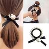 Elegant Black Bow Ponytail Holder with Pearls for Women