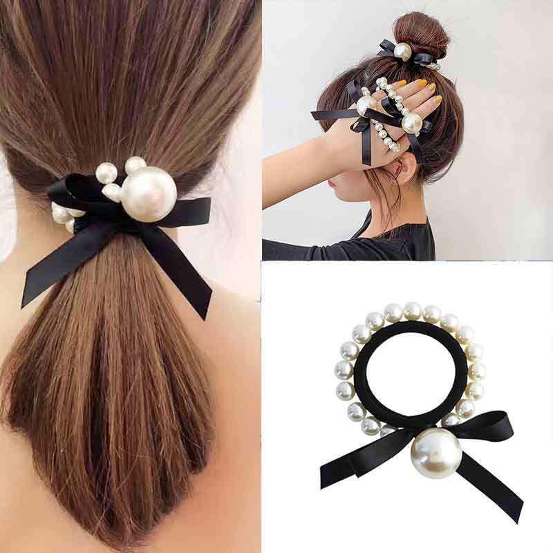 Elegant Black Bow Ponytail Holder with Pearls for Women