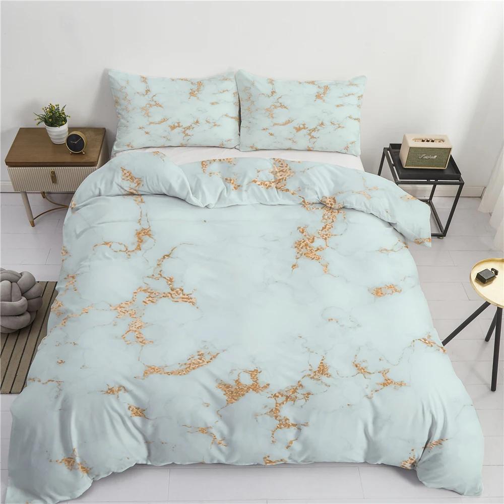 Conjunto de Cama de Luxo Mármore Branco e Dourado Tamanho Casal King Simples Marmorizado Conjunto de Capa de Edredom com Fronha Decoração Moderna para Quarto Conjunto de Cama