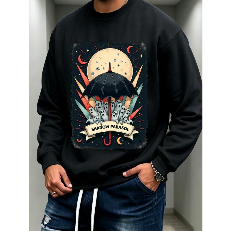 Men'S Graphic Print Crew Neck Sweatshirt, Vintage Retro Streetwear Pattern, Halloween Theme,100% Cotton Printed Long-Sleeve Crew Neck Pullover